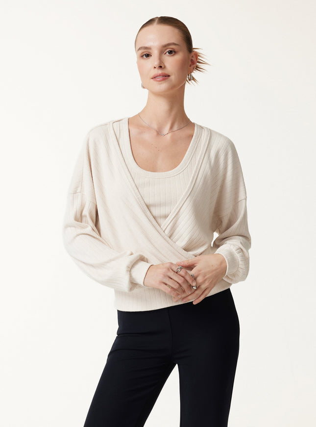 MaxWarm Wide Ribbed Crossover Long Sleeve Banded Hem Top