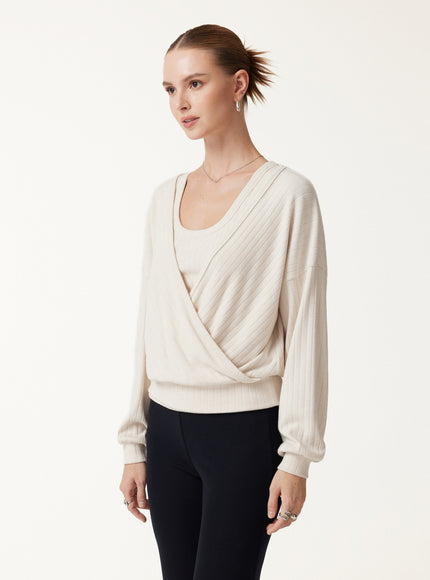 MaxWarm Wide Ribbed Crossover Long Sleeve Banded Hem Top