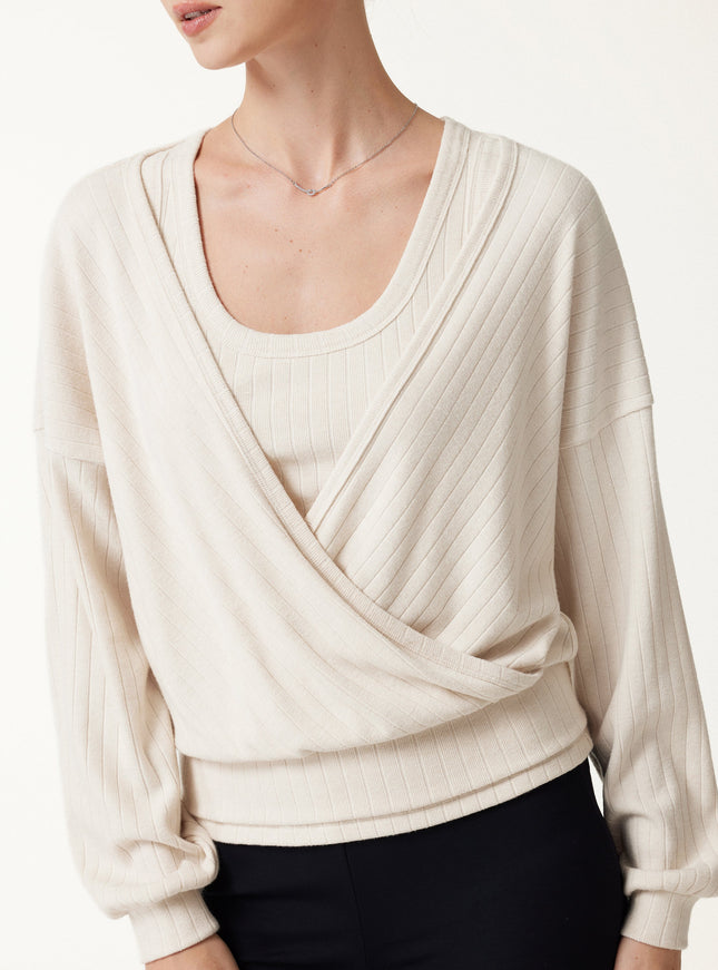 MaxWarm Wide Ribbed Crossover Long Sleeve Banded Hem Top