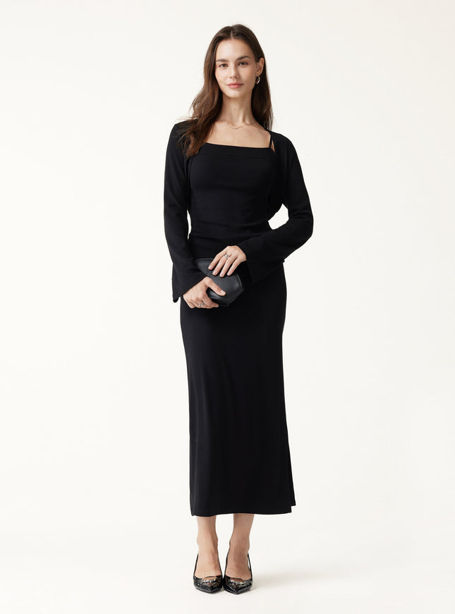 3Pcs Set Cardigan & Built-In Bra Cami & Side-Slit Column Midi Skirt