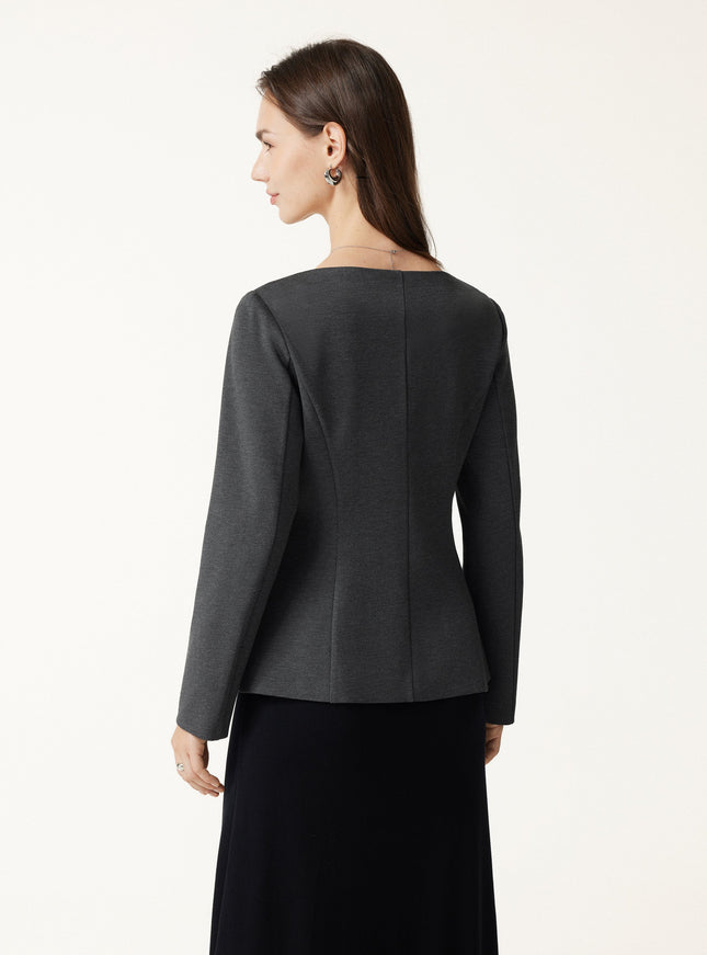 Ponte Office Round Neck Long Sleeve Jacket with Pockets