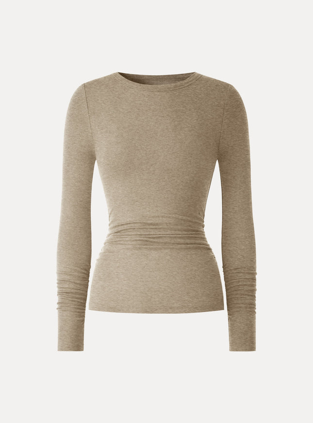 Lyocell-Wool Round Neck Long Sleeve Ruched Top