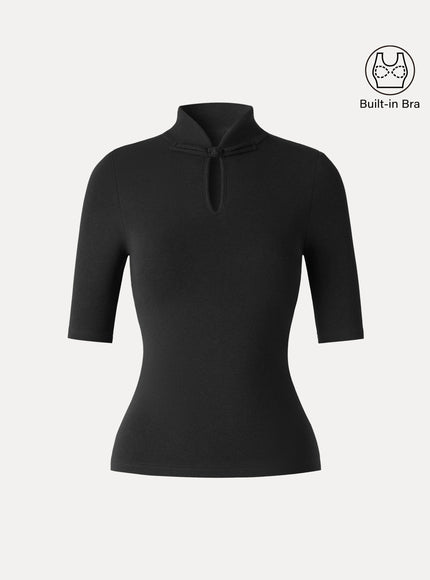 Teardrop Neck Elbow Sleeve Built-In Bra Top