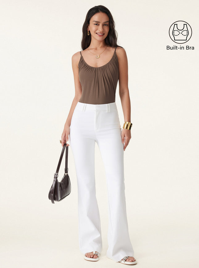 Scoop Neck Gathered Spaghetti Built-In Bra Tank