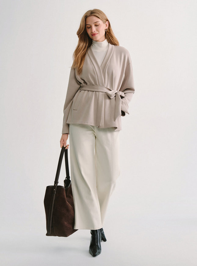 Modal Stretch Fleece Crossover Belted Wrap Cardigan Coat with Pockets