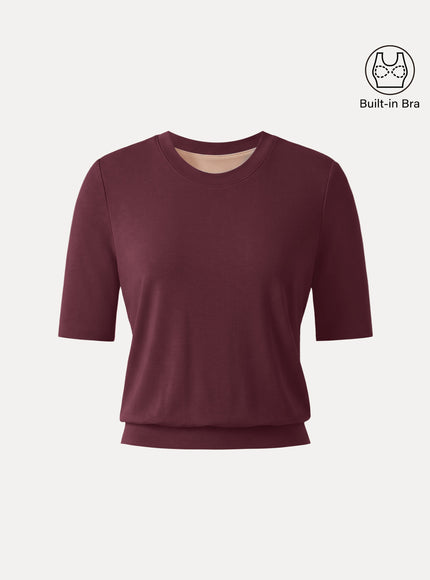 Lyocell Wool Crewneck Built-In Bra Top with Banded Hem