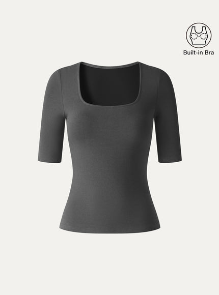 Square Neck Elbow Sleeve Built-In Bra Top