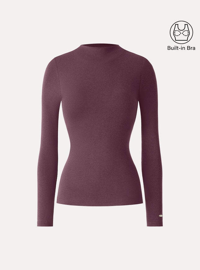 Mockneck Long Sleeve Built-In Bra Top - Forest Night