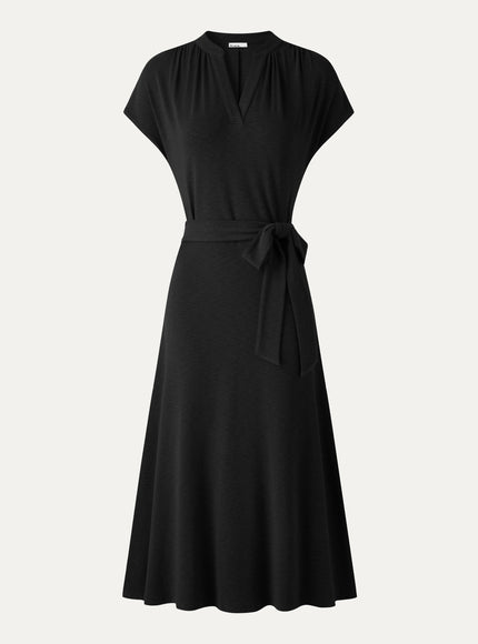 Neck Short Sleeve Belted Midi Dress