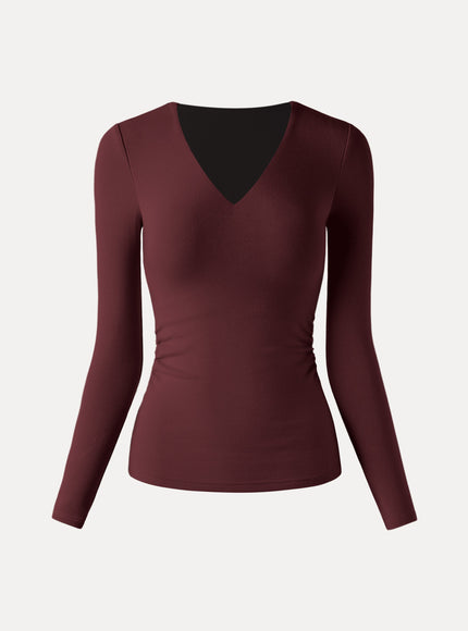 V-Neck Long Sleeve Side-Tuck Built-In Bra Top