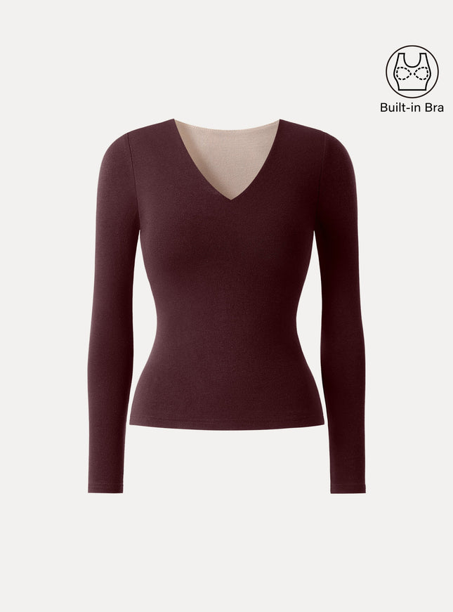 V-Neck Long Sleeve Built-In Bra Top
