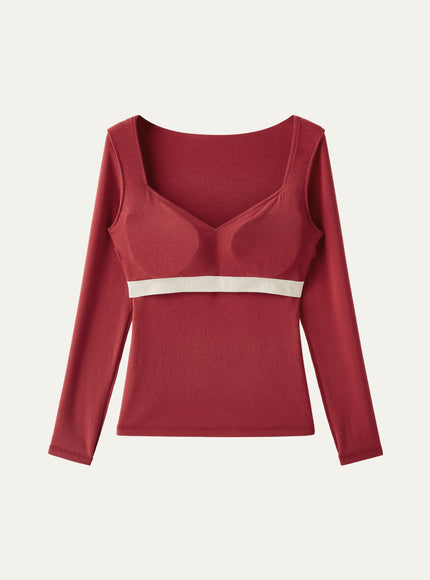 Diamond Neck Long Sleeve Built-In Bra Top