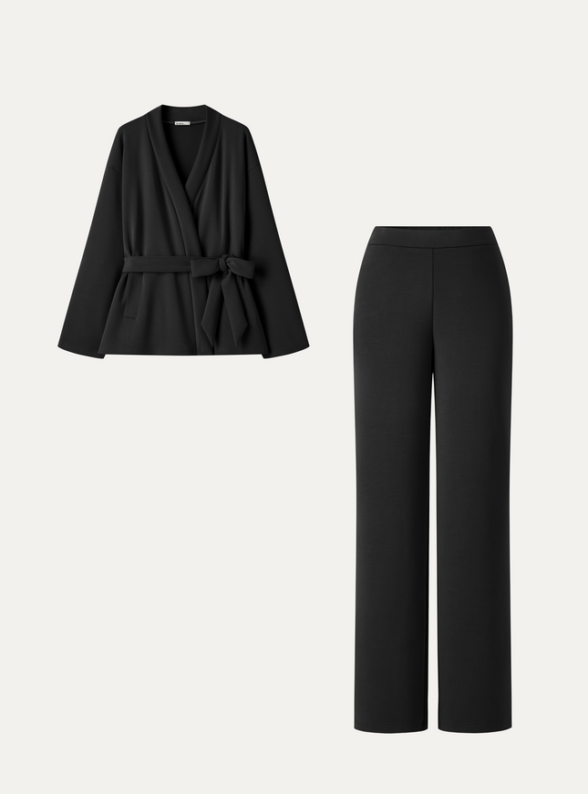 2Pcs Set MaxWarm Belted Wrap Cardigan Coat with Poclets & High-Rise Straight-Leg Pants with Pockets