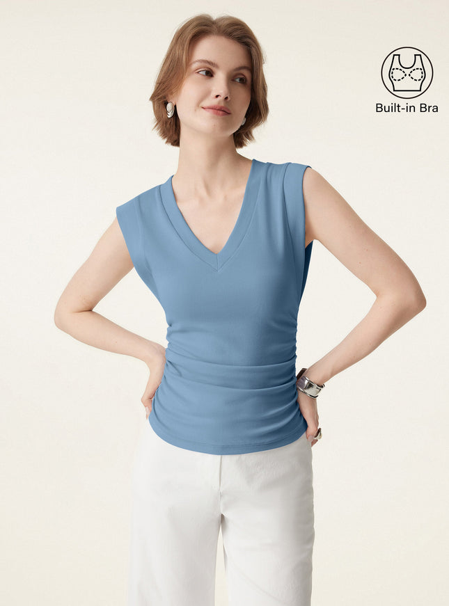 Stretch Cotton V-neck Side Ruched Muscle Built-In Bra Top