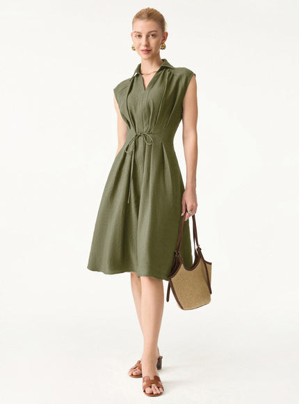 Viscose-Linen Collared V-neck Midi Dress with Drawstring