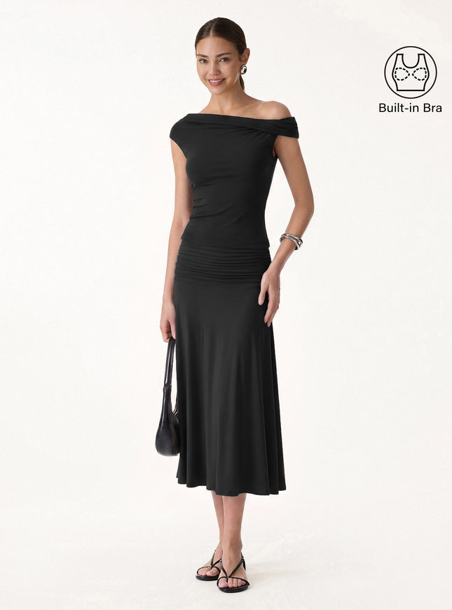 2Pcs Set Multi-wear Built-In Bra Top & Side Ruched A-line Midi Skirt