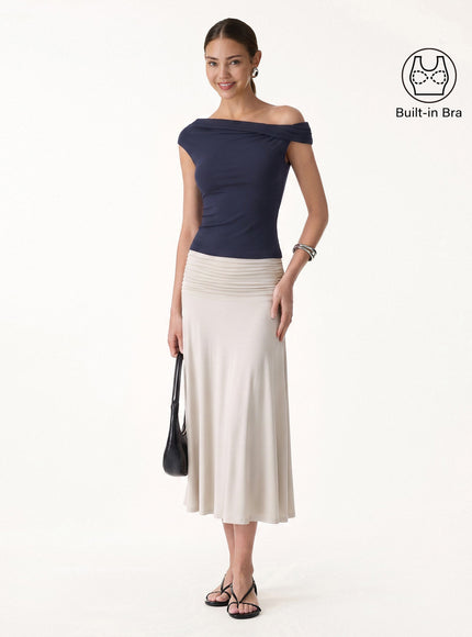 2Pcs Set Multi-wear Built-In Bra Top & Side Ruched A-line Midi Skirt