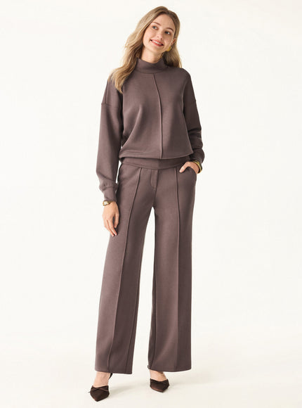 2Pcs Set Mockneck Pullover Shirt & Mid Rise Straight Leg Pants with Pockets