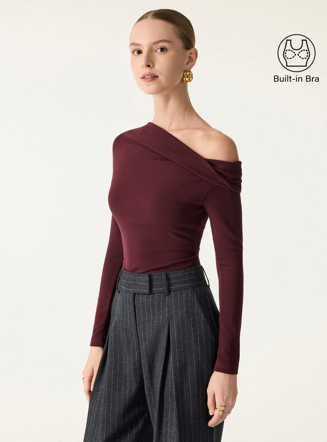 Convertible Neck Long Sleeve Built-In Bra Top