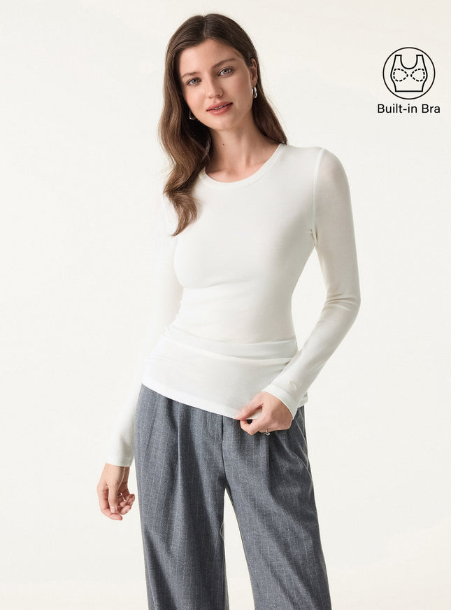 Crewneck Long Sleeve Built-In Bra Top