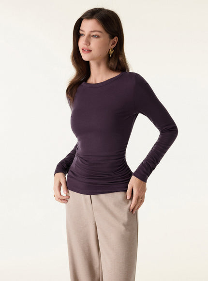 Lyocell-Wool Round Neck Long Sleeve Ruched Top