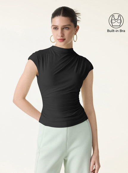 Mockneck Ruched Cropped Built-In Bra Top