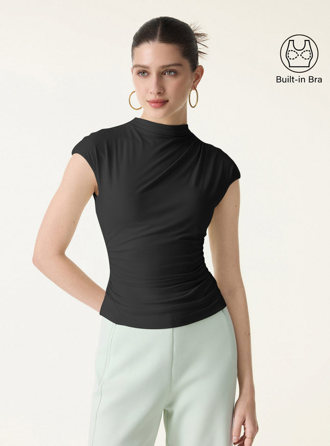 Mockneck Ruched Cropped Built-In Bra Top