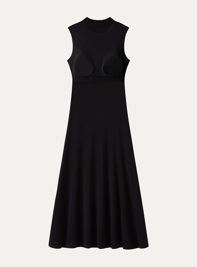 Mock Neck Sleeveless A-Line Midi Built-In Bra Dress