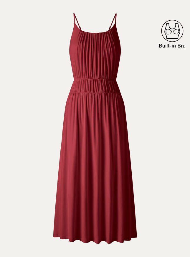 Vacay Gathered U-Neck Spaghetti Midi Built-In Bra Dress with Pockets