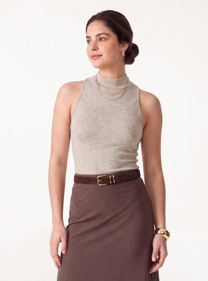 Lyocell-Wool Knit Mock Neck Built-In Bra Top