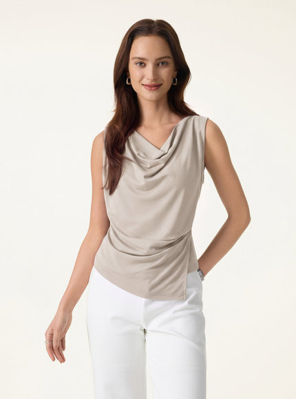 Cowl Neck Asymmetrical Tucked Sleeveless Top