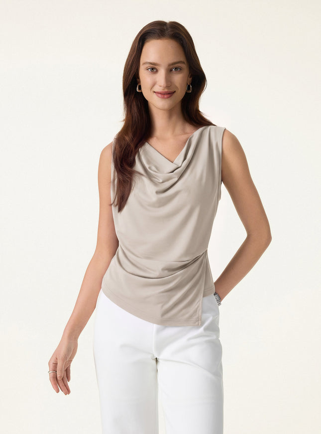 Cowl Neck Asymmetrical Tucked Sleeveless Top