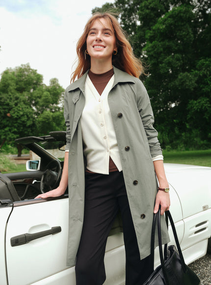 Lightweight Water-Repellent Notched Collar Trench Coat with Pockets