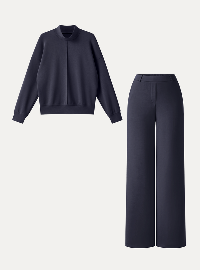 2Pcs Set Mockneck Long Sleeve Shirt & High-Rise Wide Leg Pants with Pockets