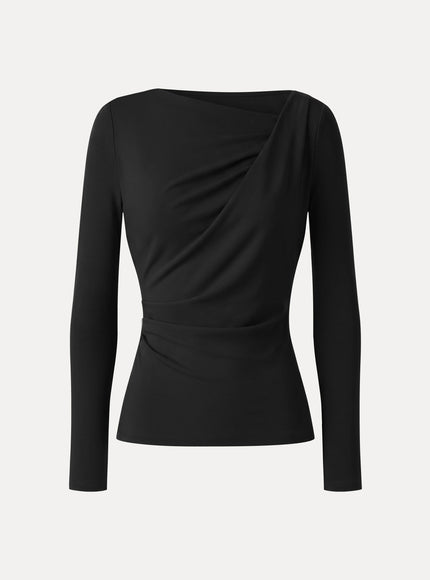 Asymmetrical Neck Long Sleeve Tucked-Waist Top
