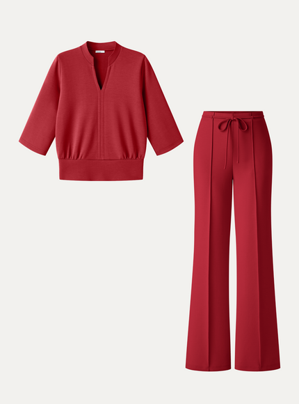 2Pcs Set V-Neck Elbow Sleeve Bam Top & High-Rise Flare Pants with Pockets