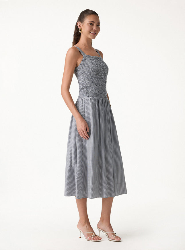 Striped Poplin Square Neck Smocked Midi Built-In Bra Dress
