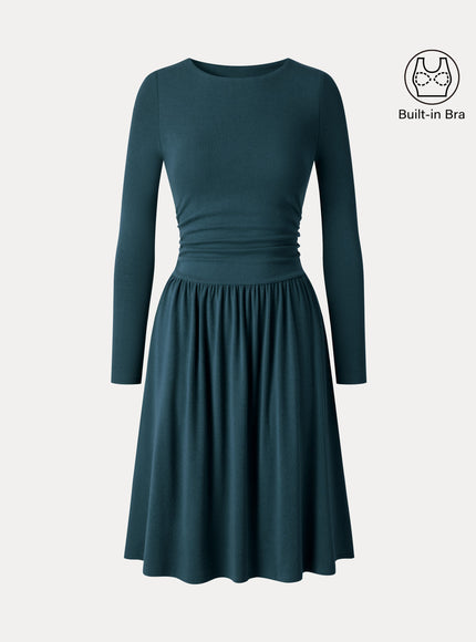 Boatneck Ruched Mini Built-In Bra Dress with Pockets