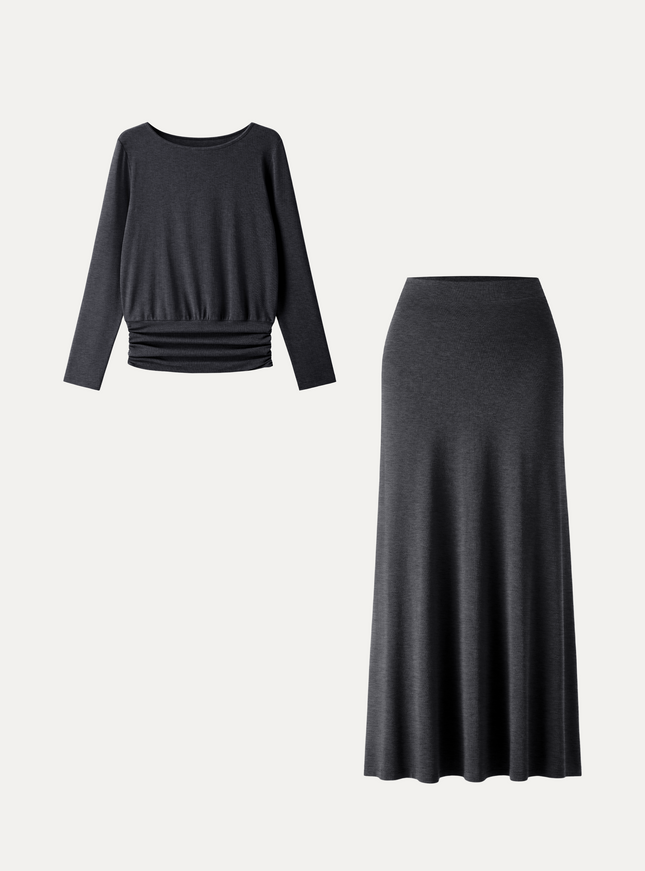 2Pcs Set Boatneck Top & High-Rise A-Line Maxi Skirt