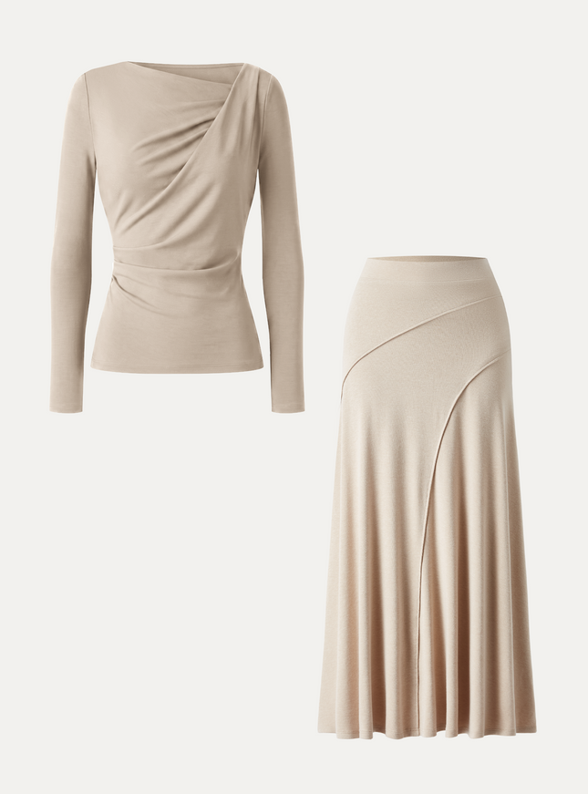 2Pcs Set Asymmetrical Neck Top & Drapey A-Line Midi Skirt