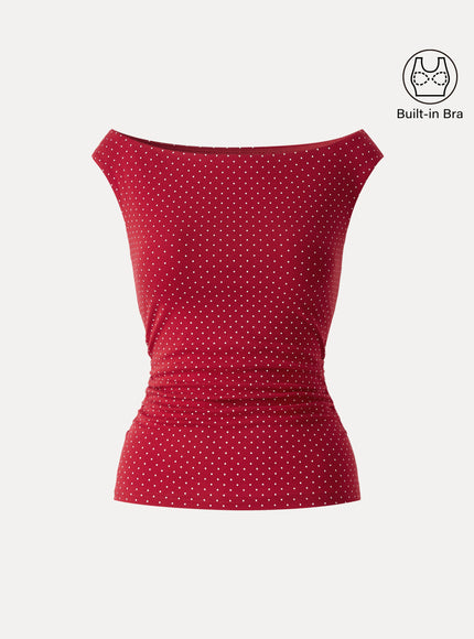 Stretch Cotton Polka Dot Boatneck Ruched Built-In Bra Top Limited Edition