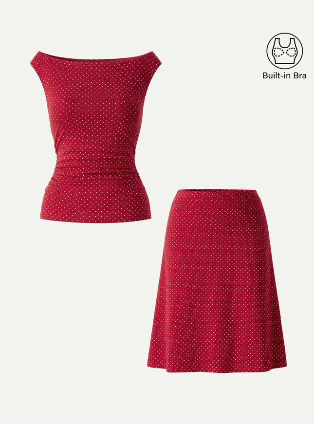 2Pcs Set Polka Dot Boatneck Built-In Bra & A-Line Flare Skirt Limited Edition