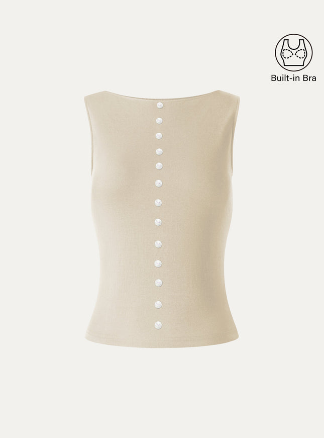 Cotton-Linen Boatneck Cropped Built-In Bra Top
