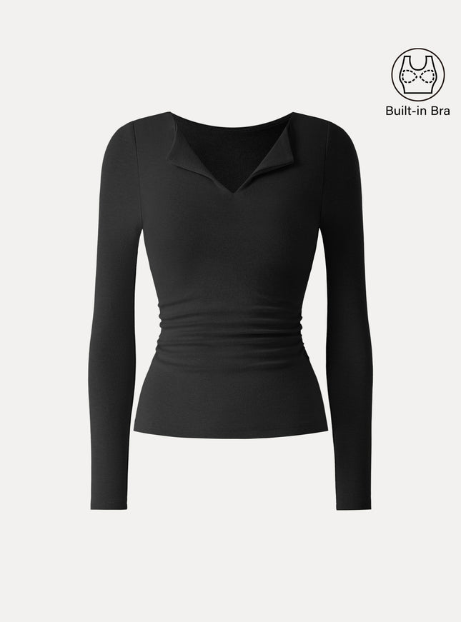 Flapped V-Neck Long Sleeve Ruched Built-In Bra Top