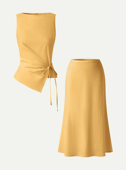 2Pcs Set Boatneck Waist-Defined Top & Maxi Flared Pull-On Skirt