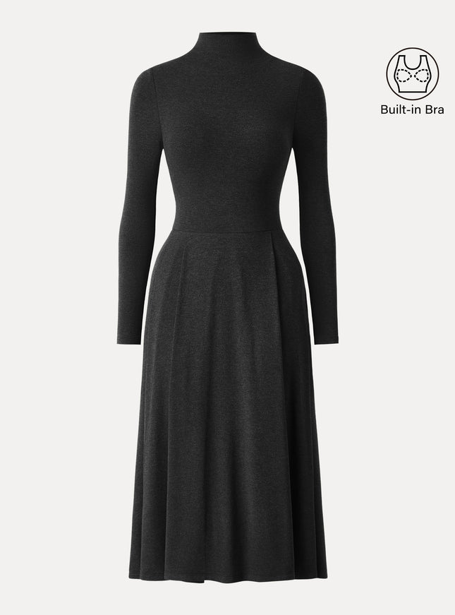 Mockneck Pleated Midi Built-In Bra Dress with Pockets