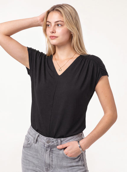 Modal Relaxed V-Neck Gathered Shoulder Top