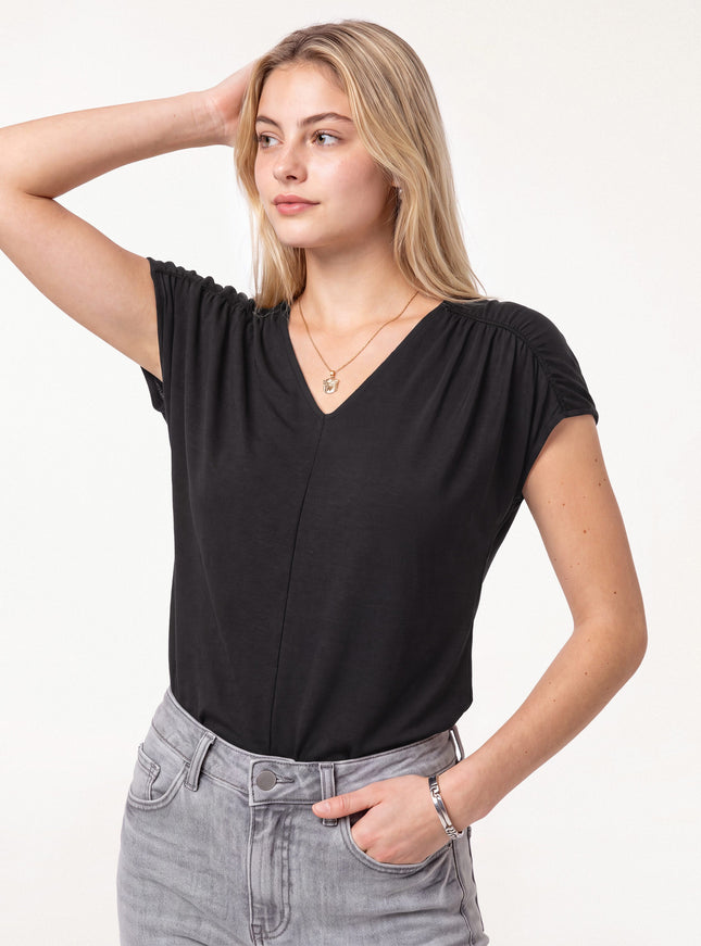 Modal Relaxed V-Neck Gathered Shoulder Top