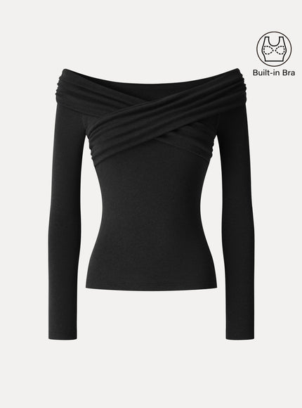 Surplice Long Sleeve Ruched Built-In Bra Top