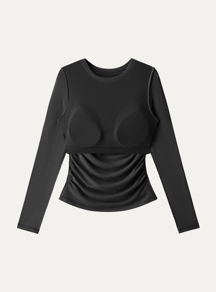 Roundneck Long Sleeve Ruched Built-In Bra Top